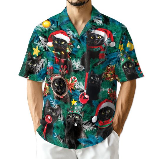 Discover Black Cat Christmas Hawaiian Shirt, 3D Xmas Aloha Shirt for Men & Women
