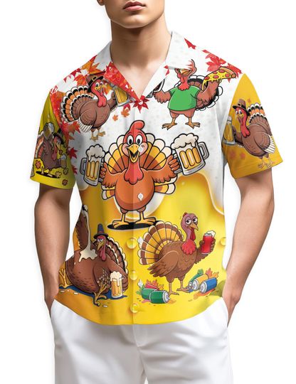 Funny Turkeys Beer Thanksgiving 3D Hawaiian Aloha Shirt for Men, Tropical Short Sleeve Shirt