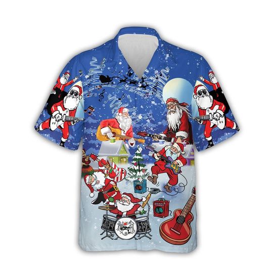 Discover Funny Rock and Roll Santa Hawaiian Shirt, Christmas Band Aloha Shirt, Holiday Party Button-Down for Music Lovers