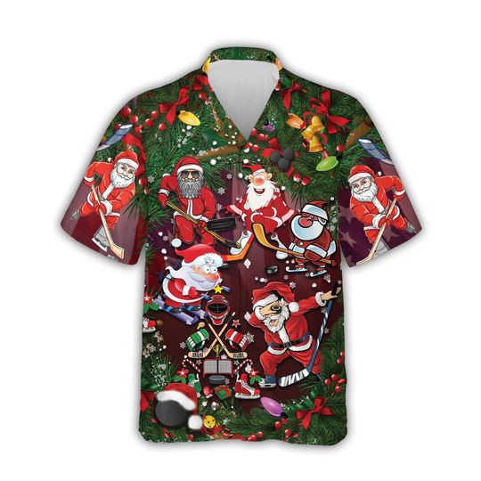 Discover Funny Hockey Santa Hawaiian Shirt, Ice Hockey Aloha Top for Holiday Parties and Sports Fans