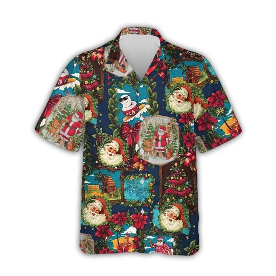 Patchwork Christmas Hawaiian Shirt with Santa Poinsettia Design, Tropical Holiday Aloha Top for Family