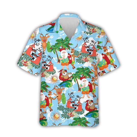 Discover Santa Reindeer Beach Hawaiian Shirt, Holiday Aloha Shirt, Tropical Christmas Button Down for Family Vacation