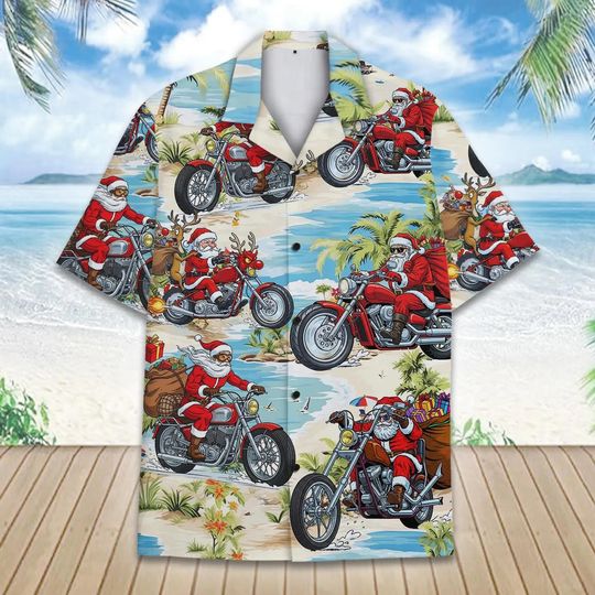 Discover Santa Motorcycle Hawaiian Shirt for Men & Women, Summer Christmas Beach Button-Up, Biker Santa Holiday Shirt