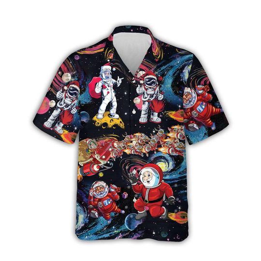 Discover Santa Astronaut Hawaiian Shirt, Space Christmas Aloha, Funny Sci-Fi Xmas Party Button Down for Men and Women