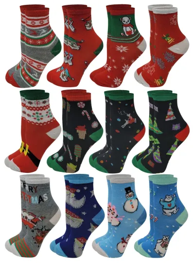 Discover Different Touch 12 Pairs Kids Christmas Assorted Novelty Design Crew Socks