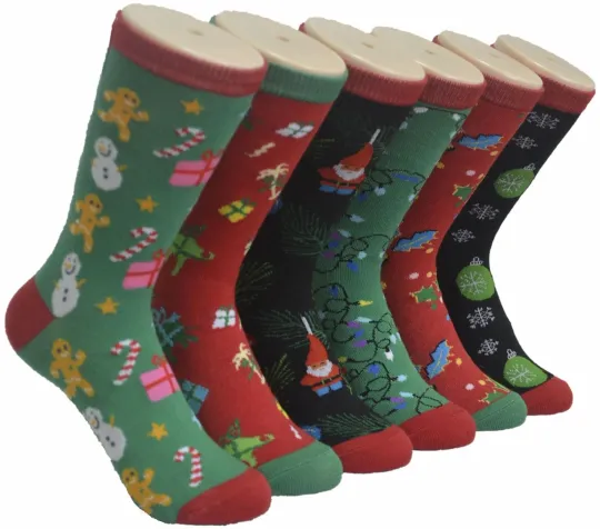 6 Pairs Women Christmas Crew Socks Bright Colorful Fancy Design Size 9-11