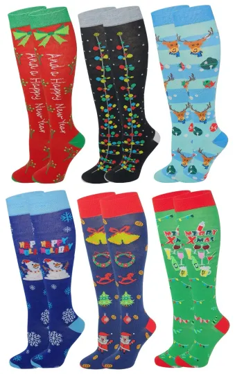 6 Pairs  Women's Fancy Colorful Christmas Happy New Year Knee High Socks