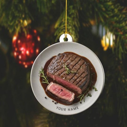 Discover Personalized Grilled Steak Christmas Ornament, Custom Name BBQ Pitmaster Gift, Unique Meat Lover Kitchen Decor, Foodie Xmas Tree Hanging