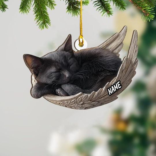 Personalized Black Cat Angel Ash Plywood Ornament, Flat 2D Holiday Tree Decor Gift for Cat Lovers, Pet Memorial Families Keepsake Gift Idea