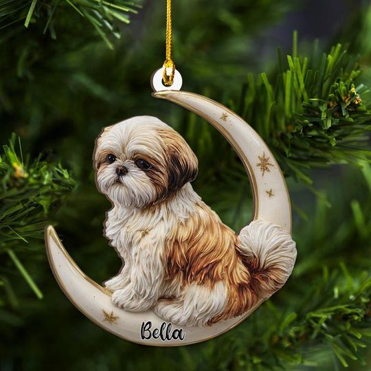 Personalized Shih Tzu on Moon Ash Plywood Ornament Flat 2D Cutout Holiday Tree Decor Gift Pet Lovers Families Puppy Keepsake Idea