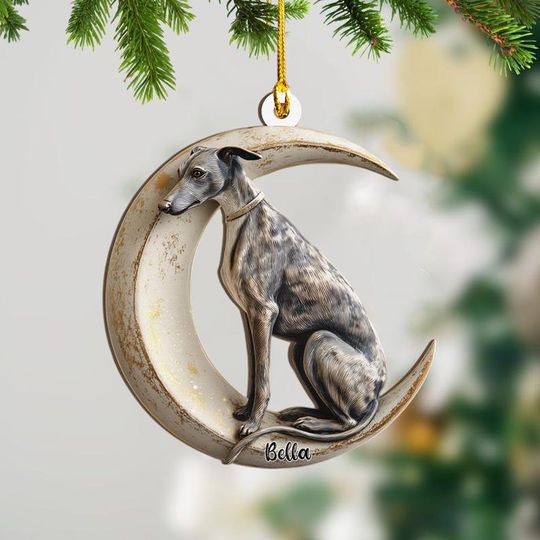 Personalized Greyhound Dog on Moon Ash Plywood Ornament Flat 2D Cutout Holiday Tree Decor Gift Pet Lovers Families Puppy Keepsake
