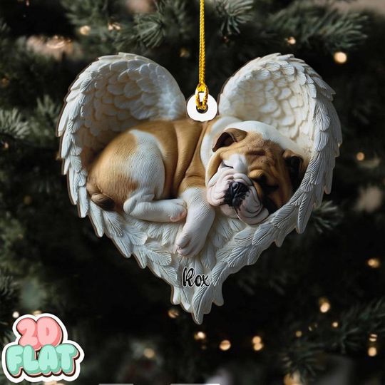 Personalized English Bulldog Angel Ash Plywood Ornament Flat 2D Cutout Holiday Tree Decor Gift for Dog Lovers,Pet Memorial Families Keepsake