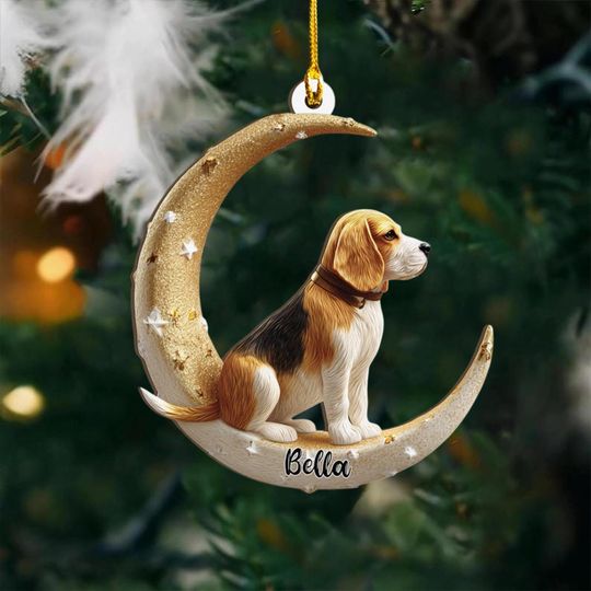 Personalized Beagle Dog on Moon Ash Plywood Ornament Flat 2D Cutout Holiday Tree Decor Gift for Pet Lovers, Families, Puppy Keepsake