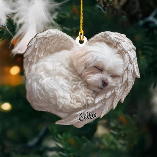 Personalized Maltese Dog Angel Ash Plywood Ornament Flat 2D Cutout Holiday Tree Decor Gift for Dog Lovers, Pet Memorial Families Keepsake