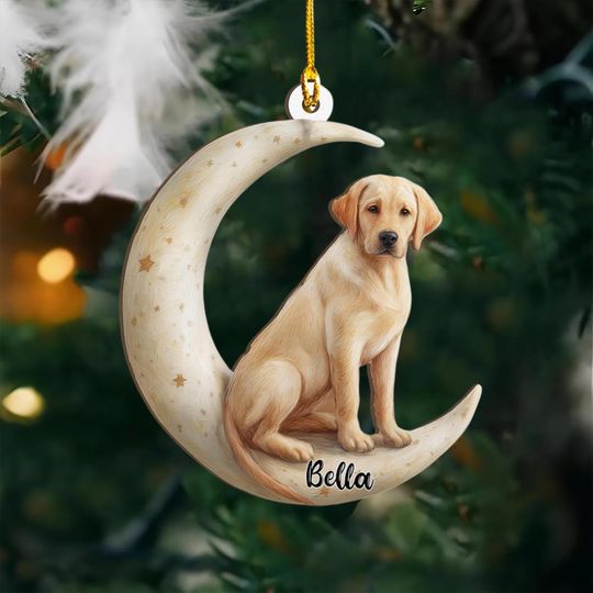 Personalized Labrador Retriever Dog on Moon Ash Plywood Ornament Flat 2D Cutout Holiday Tree Decor Gift for Pet Lovers, Families Keepsake