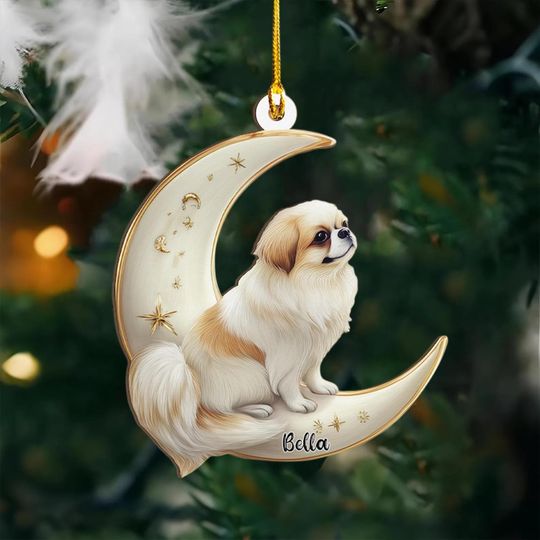 Personalized Japanese Chin Dog on Moon Ash Plywood Ornament Flat 2D Cutout Holiday Tree Decor Gift for Pet Lovers, Families, Puppy Keepsake