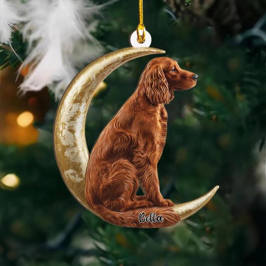 Personalized Irish Setter Dog on Moon Ash Plywood Ornament Flat 2D Cutout Holiday Tree Decor Gift Pet Lovers Families Puppy Keepsake
