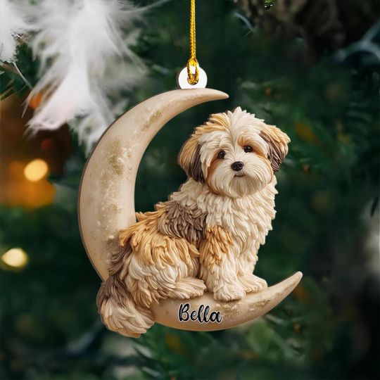 Personalized Havanese Dog on Moon Ash Plywood Ornament Flat 2D Cutout Holiday Tree Decor Gift for Pet Lovers, Families, Puppy Keepsake