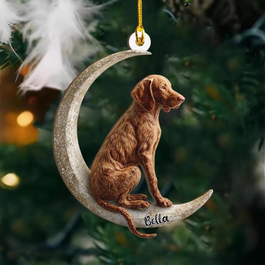 Discover Personalized Vizsla On Moon Christmas Wood Ornament, Flat 2D Holiday Tree Decor Gift for Dog Lovers, Families Pet Keepsakef