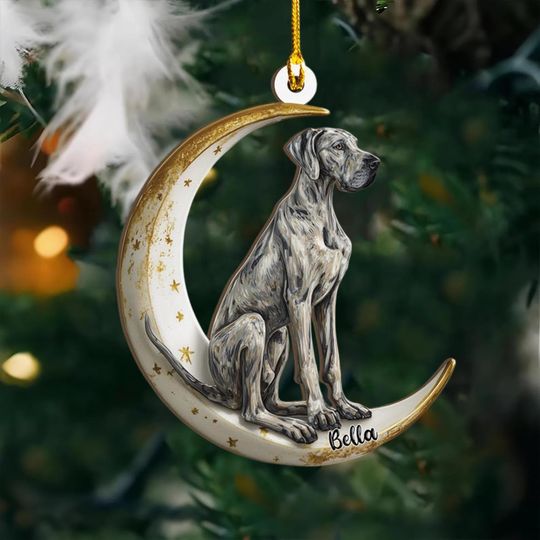 Personalized Great Dane Dog on Moon Ash Plywood Ornament Flat 2D Cutout Holiday Tree Decor Gift Pet Lovers Families Puppy Keepsake