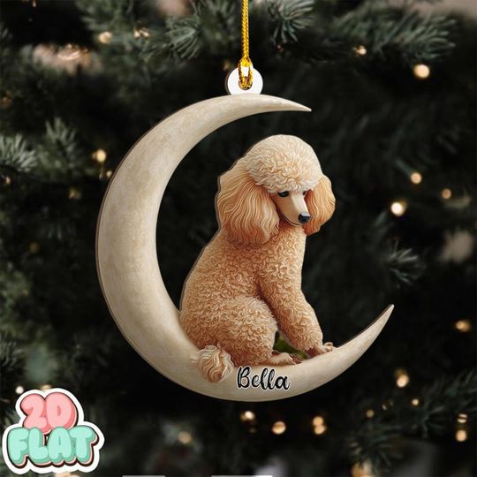 Personalized Poodle Dog on Moon Ash Plywood Ornament Flat 2D Cutout Holiday Tree Decor Gift for Pet Lovers, Families, Puppy Keepsake