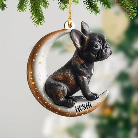 Discover Personalized Black French Bulldog On Moon Christmas Wood Ornament, Flat 2D Holiday Tree Decor Gift for Dog Lovers, Families Pet Keepsakef