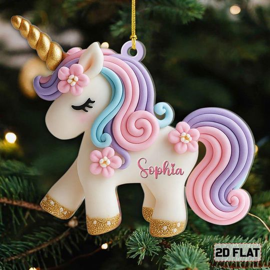 Discover Personalized Unicorn Ornament for Girls, Custom 2D Flat Christmas Ornament, Cute Pastel Unicorn Gift 2025, Kids Girl Unicorn Christmas Decor