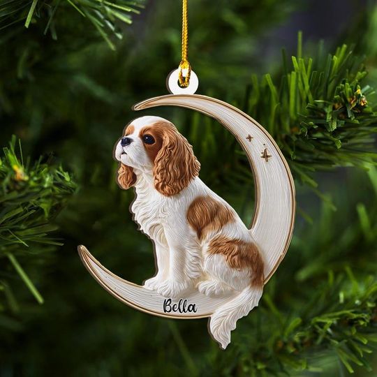Personalized Cavalier King Charles Spaniel Dog on Moon Ash Plywood Ornament Flat 2D Cutout Holiday Tree Decor Gift Pet Lovers Puppy Keepsake