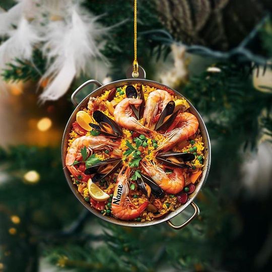 Personalized Spanish Paella Ornament  Custom Name Food Ornament  Mediterranean Dish Christmas Decoration, Travel Lover Gift
