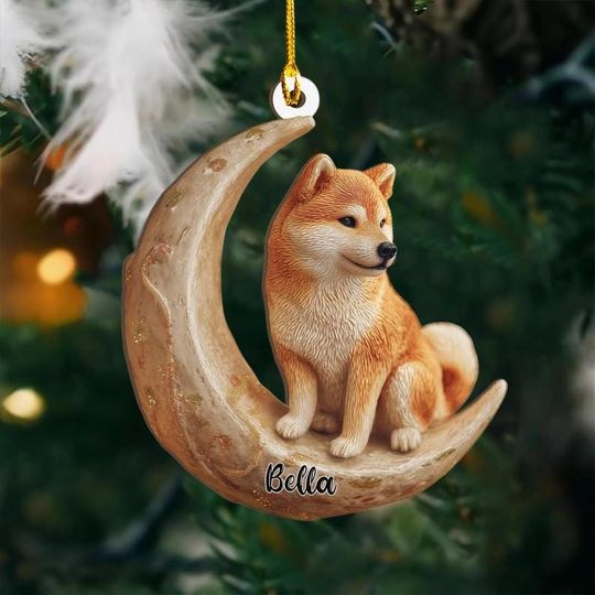 Discover Personalized Shiba Inu on Moon Ash Plywood Ornament Flat 2D Cutout Holiday Tree Decor Gift Pet Lovers Families Puppy Keepsake Idea