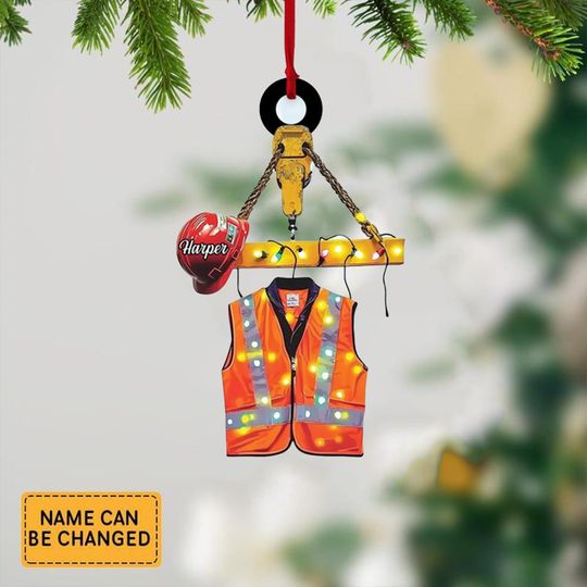 Discover Personalized Construction Worker Ornament, Custom Safety Vest Christmas Decoration, Builder Gift for Him, Engineer Ornament with Name