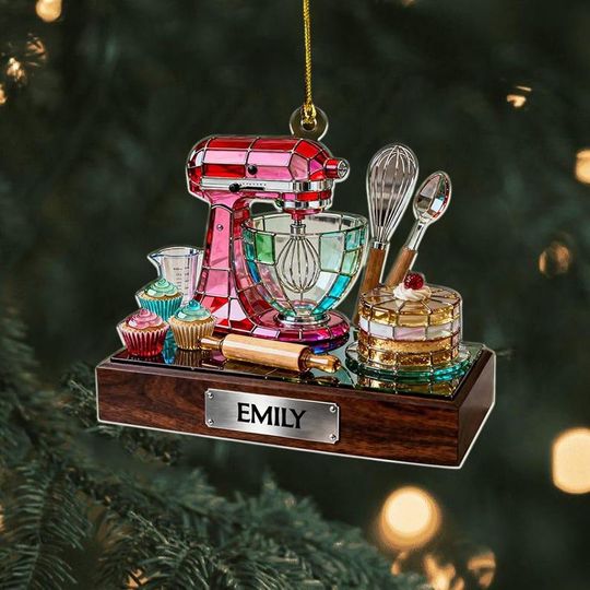 Discover Personalized Baking Mixer Christmas Ornament, Colorful Acrylic Kitchen Decor with Custom Name, Gift for Bakers and Cooking Lovers