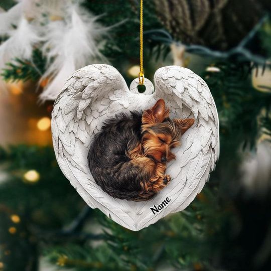 Discover Personalized Yorkshire Terrier Dog Sleeping Angel Wings Ornament, Dog Christmas Ornament, Dog Car Ornament, Gift For Pet Lover