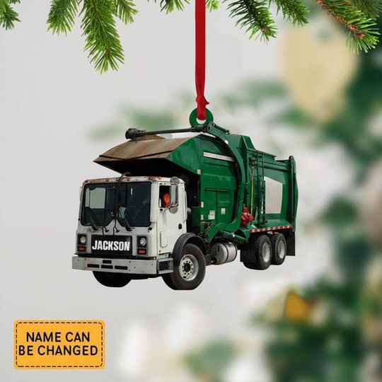 Personalized Garbage Truck 2D Flat Ornament, Trash Truck Christmas Ornament, Custom Name Christmas Tree, Garbage Truck Hanging Ornament Gift