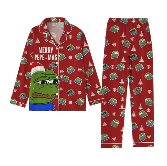 Christmas Frog Meme Pajamas Set, Merry Sad Pepe Fleece Pajamas