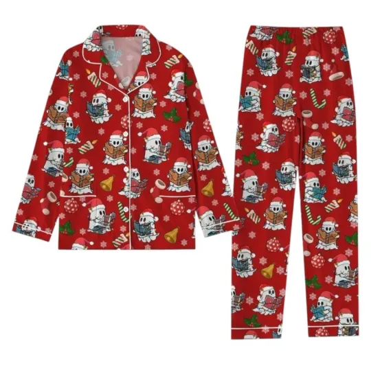 Christmas Pajamas, Cute Ghost Santa Holiday Pajamas, Book Lover Gifts no Pocket