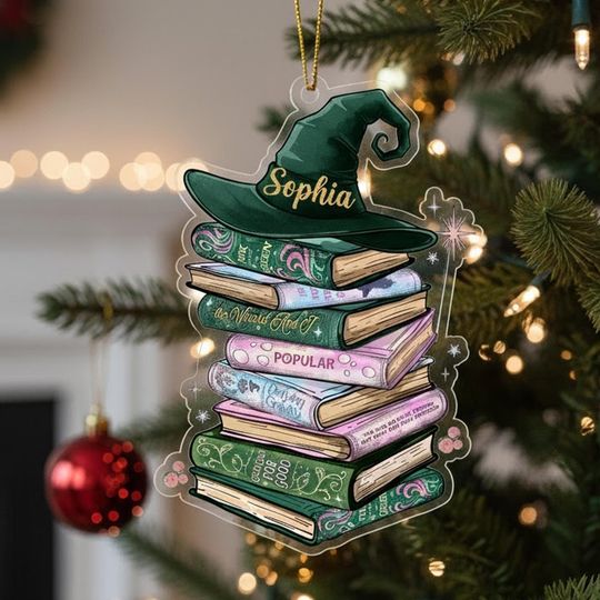 Custom Wicked Bookshelf Ornament, Changed For Good Musical Tee, Broadway Witch Christmas Gift, Emerald City Pink and Green Book Lover Gift