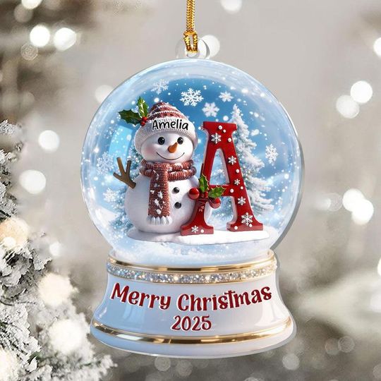 Personalized Snowglobe Snowman Merry Christmas Ornament, Custom Snowglobe 1-Layer Acrylic Ornament, Alphabet Letter Ornament