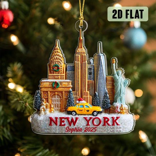 Discover Custom Name New York 2D FLAT Acrylic Ornament, Empire State Building Ornament, Personalized NYC Souvenir for Travelers