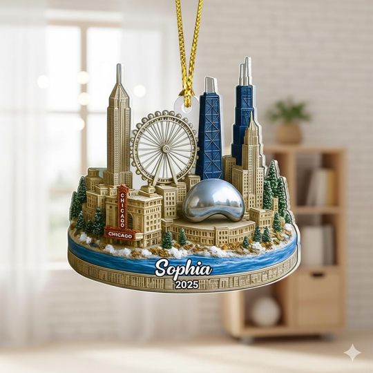 Discover Custom Chicago City Acrylic Ornament 2D Flat, Skyline Landmark Christmas Ornament, Travel Souvenir Gift 2025, Chicago City Travel Gift