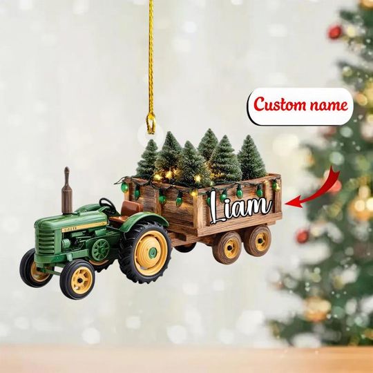 Discover Personalized 2D FLAT Acrylic Tractor Ornament, Custom Name Farm Truck with Trees, Rustic Country Christmas Gift for Him or Family