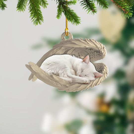 Personalized White Cat Sleeping Angel Ornament, White Cat Angel Wings Ornament, White Cat Car Ornament, Cat Christmas Gift