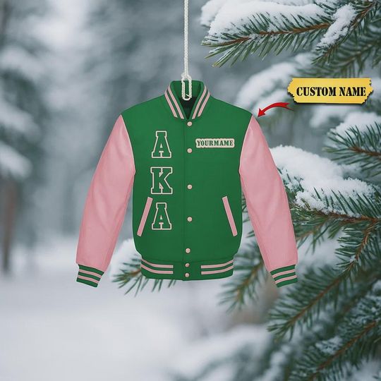 Custom AKA Varsity Jacket Ornament 2D - Personalized Alpha Kappa Alpha Sorority Green and Pink Jacket, Ideal Christmas Gift for AKA Members