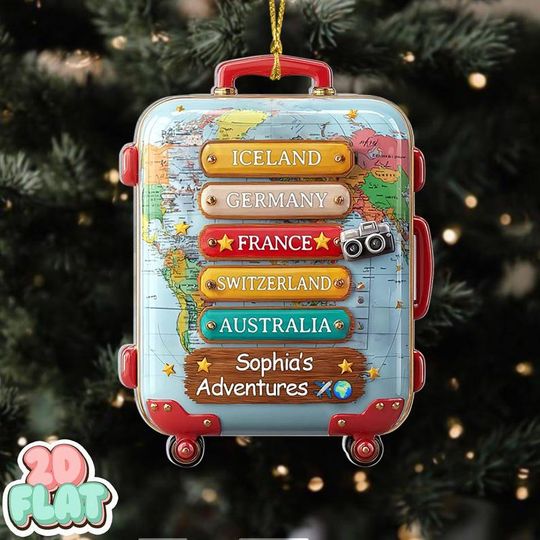 Discover Custom Travel 2D Flat Ornament with Countries, Personalized Luggage Suitcase Christmas Tree Decor, Adventure Holiday Gift for Travel Lovers
