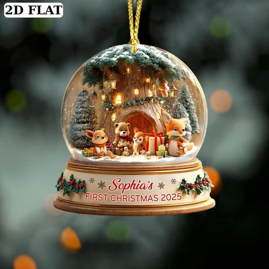 Discover Custom Name First Christmas Ornament 2025, Acrylic 2D Flat Woodland Forest Animal Ornament, 1st Baby Gift, Gift For First Xmas Baby