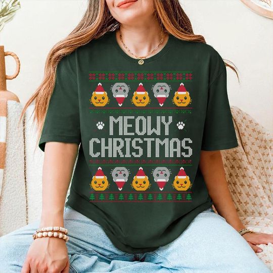 Discover Meowy Christmas T-Shirt, Funny Ugly Xmas Tee, Cat Lover Holiday Shirt, Festive Cat, Unisex Christmas Gift