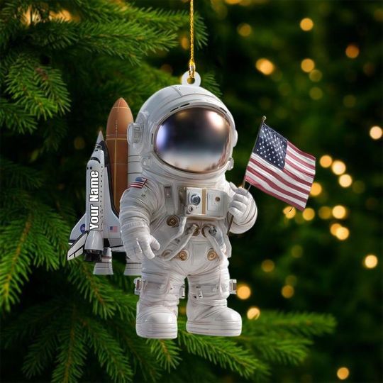 Personalized Astronaut Acrylic 2D Flat Ornament, Custom Name Space Shuttle Christmas Decor, NASA Space Lover Gift for Kids and Adults