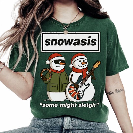 Discover Funny Christmas T-Shirt Snowasis Snowman Rock Band Parody Holiday Gift for Music Lovers