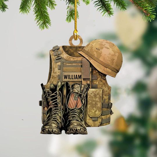 Discover Personalized Military Uniform Boots Hat Ornament, Name Christmas Ornament, 2D Army Xmas Gifts, Military Home Decor Gift