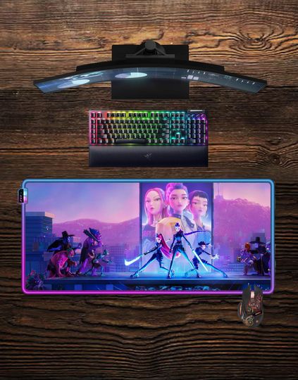 Kpop Demon Hunters LED Mouse Pad: Rumi, Zoey, Mira, Derpy and Sussie RGB Gaming Desk Mat